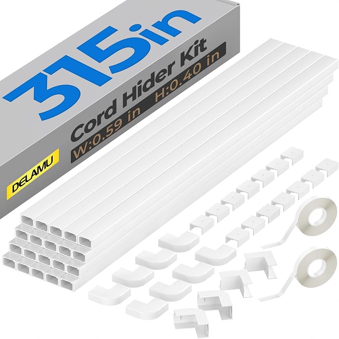 Delamu Cord Hider, 315in Total Cord Covers for Wires on Wall, Paintable Cable Cover for Wall Mounted TV, Easy Install Cable Raceways to Hide 1-2 Cords, 20 Pack, Each 15.7"L x 0.59"W x 0.40"H, White by DELAMU