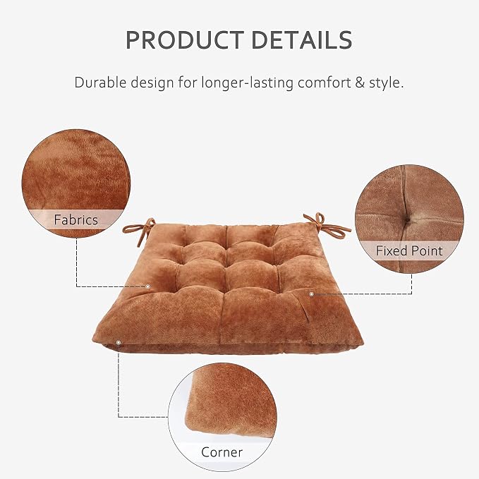 ELFJOY Set of 4 Square Chair Pads Indoor Seat Cushions Pillows with Ties Thick Soft Seat Cushion for Kitchen Dining Office Chair (18", Coffee) - Image 4