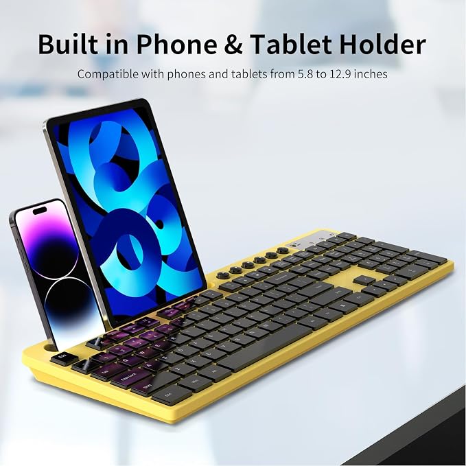 Wireless Keyboard and Mouse Combo, MARVO 2.4G Ergonomic Wireless Computer Keyboard with Phone Tablet Holder, Silent Mouse with 6 Button, Compatible with MacBook, Windows (Yellow) - Image 3