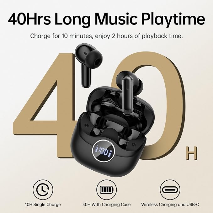Adaptive Hybrid Active Noise Canceling 2026 Wireless Earbuds, 6 Mics ENC Clear Call Ear Buds, Hi-Res Audio Deep Bass Bluetooth 5.4 Headphones, 40H Playtime, Wireless Charging, LED, USB-C, Black - Image 3