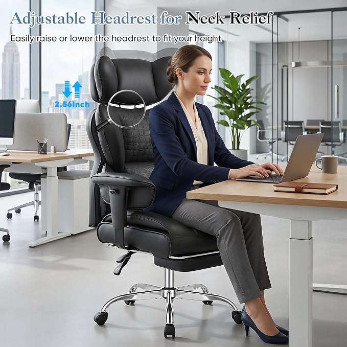 DUMOS Big and Tall Home Office Desk Chair, Executive Chair with Footrest | PU Leather, Ergonomic Comfy Lumbar Support, High Back Reclining, Adjustable Armrests, Black - Image 6