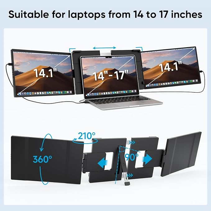 14" FHD 1200P IPS Laptop Screen Extender Fits 14"-17.3" Laptops | Triple Portable Monitor for Laptop, Plug & Play Dual Screen Compatible with Win, Mac, Android&Chrome OS - Image 7