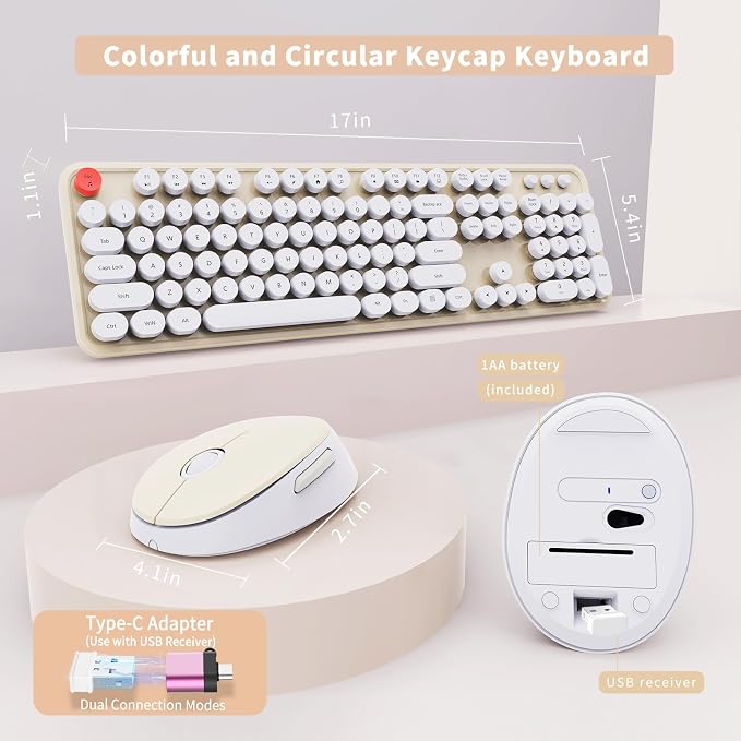 Wireless Keyboard and Mouse Combo, Ergonomic Full Size Typewriter Retro Round Keycaps Keyboard, Compatible with Windows, PC, Perfer for Home and Office Keyboards (Beige - Image 5