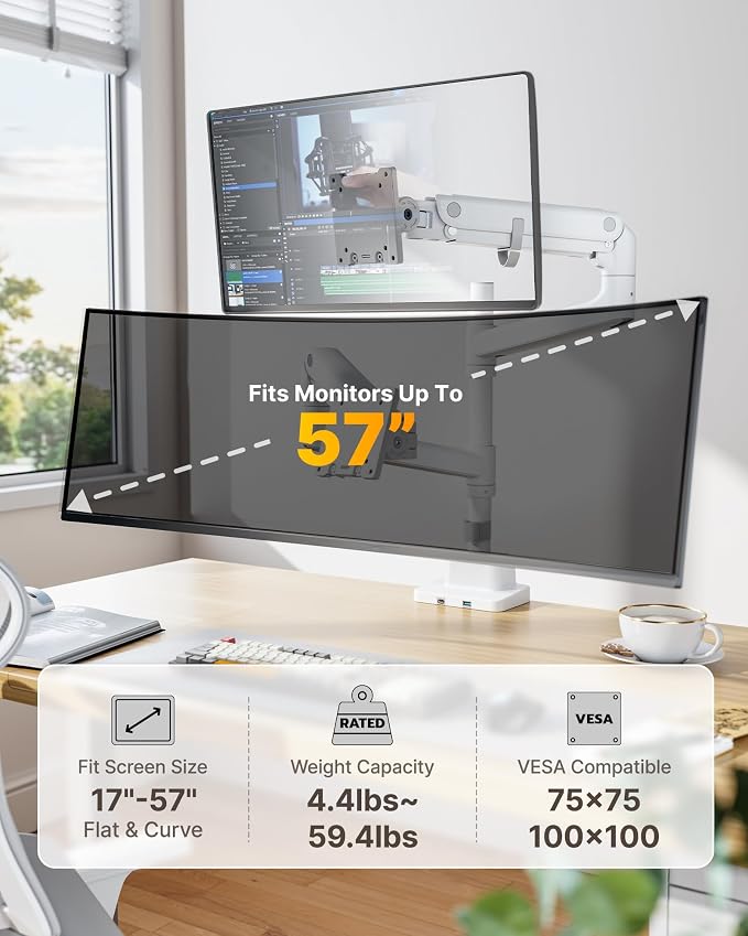 monTEK Dual Monitor Arm, Vertical Stackable 57", Heavy Duty with USB White | Vertical Stackable Gas Spring Arm For 17–57" Ultrawide Monitors,Up To 59.4 Lbs Each, 75/100 VESA Mount with USB 3.0A/C - Image 2