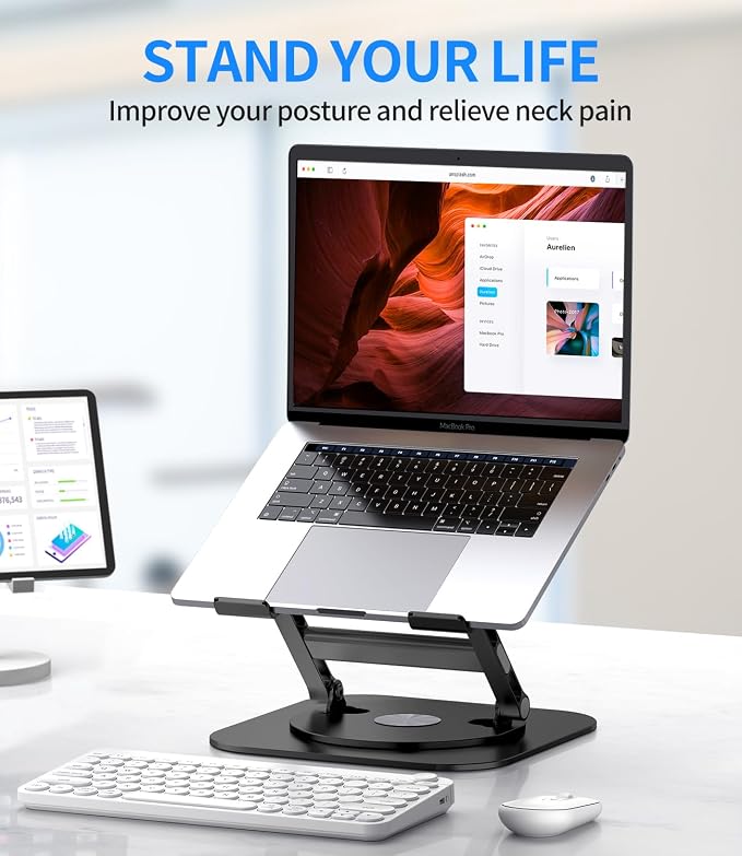 AOEVI Adjustable Laptop Stand with 360 Rotating Base, Stable Computer Stand for Laptop Ergonimic Foldable Laptop Riser for Desk Compatible with MacBook Pro/Air Notebook up to 16 Inches, Black - Image 7