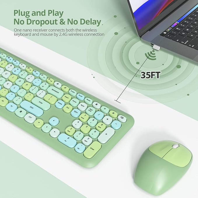 Surmen Cute Colorful Green Keyboard and Mouse Wireless Silent, Full-Size Retro Typewriter Wireless Quiet Slim Keyboard Low-Noise 2.4GHz for Computer, Desktop, Laptop(Sage Green) - Image 2