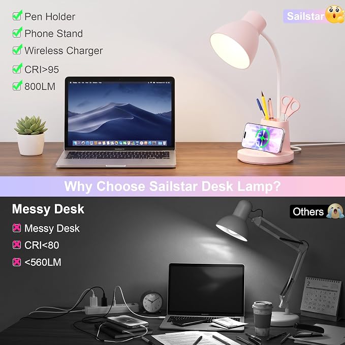 10W Wireless Charging LED Desk Lamp with Pen Holder, CRI 95, Pink | 800LM, 3 Modes, 360°Flexible Arm, Touch, Brightness, Table Lamp for Home Office, Dorm, Bedside, Study, Reading, with Adapter - Image 4