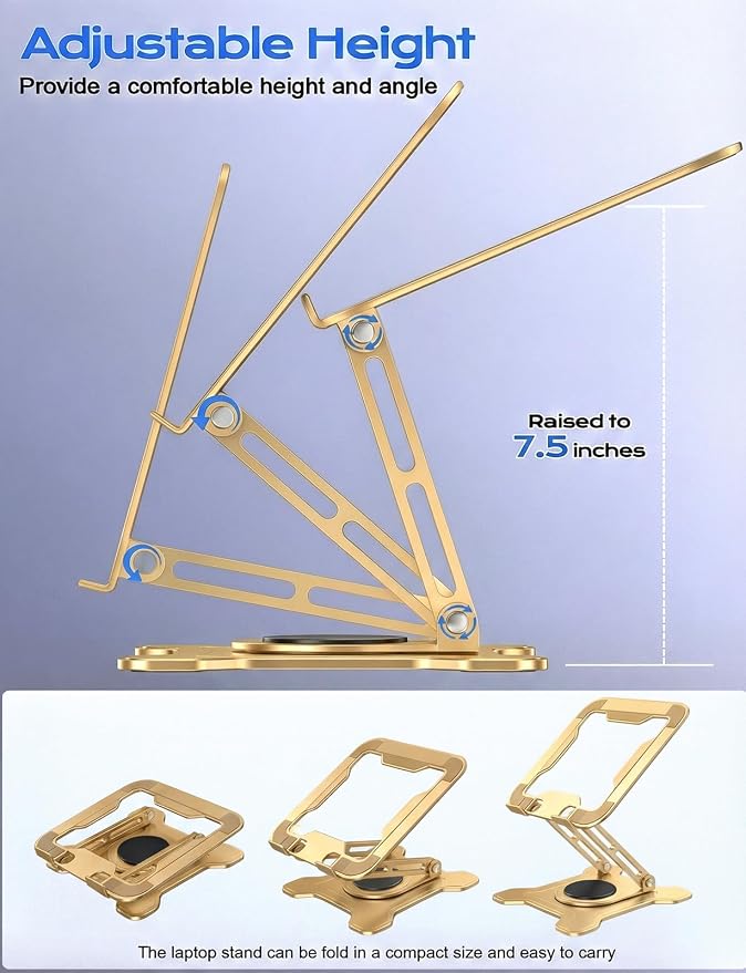 JCZT 360° Rotating Laptop Stand for Desk, Metal Foldable Laptop Riser Gold | Ergonomic Portable Adjustable Laptop Stand, Ventilated Cooling Notebook Holder for MacBook Air Pro, All 10-16'' Laptops - Image 4