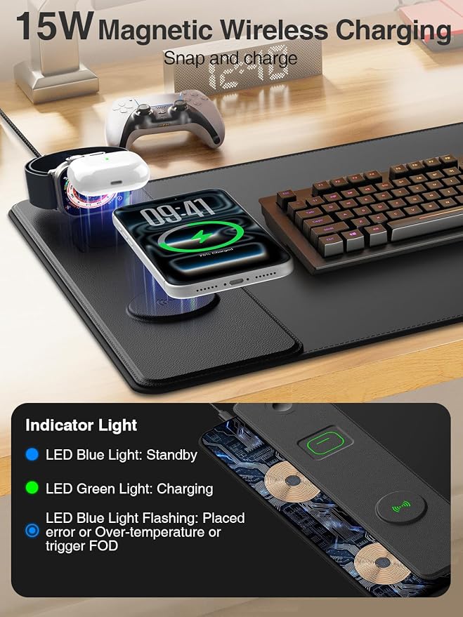 Magnetic Wireless Charging Mouse Pad, 31.5"x15.8" Large Desk Mat | Waterproof Mousepad, Smooth Glide, Stitched Edge, Non-Slip Rubber Base, Desk Pad Computer Keyboard Mat, with Adapter - Image 2