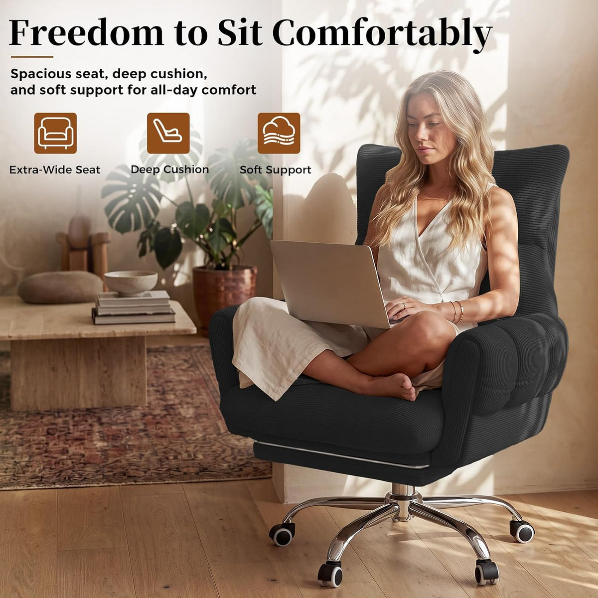 Cross Legged Office Chair, Cloud Desk Chair with Flip-Up Arm Rests, Foot Rest, Wide Seat, Comfy Executive Ergonomic Computer Gaming Chair, Black - Image 4
