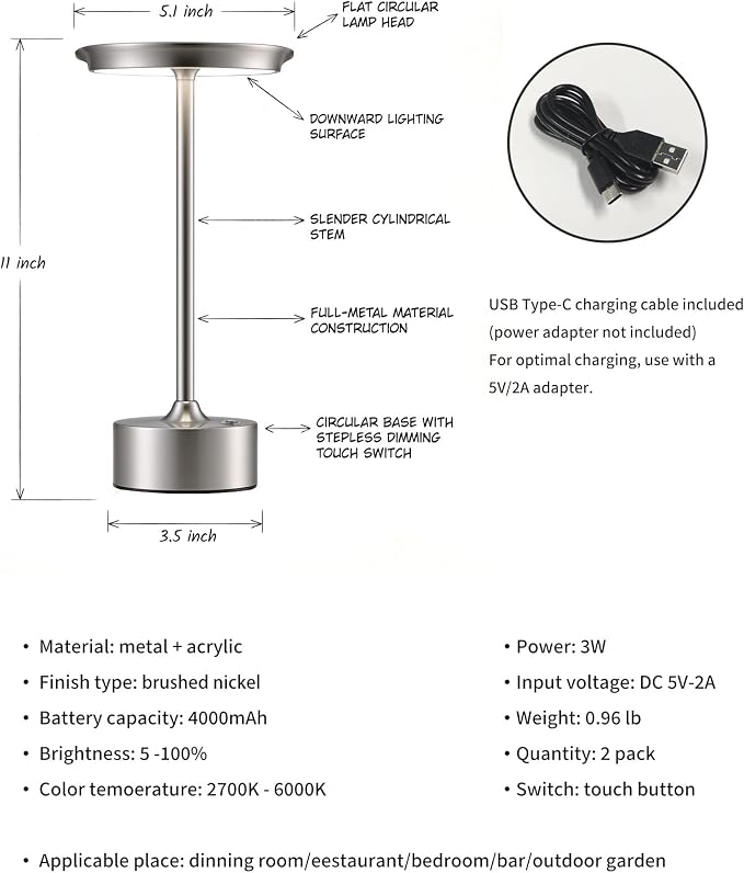 PUSU Rechargeable Table Lamps Set of 2, Nickel Cordless Portable Desk Lamp | 4000mAh Battery, Stepless Dimming & 3 Color 2700K-6000K, LED Lamp for Bedroom, Living Room, Restaurant, Outdoor, Night Light - Image 5