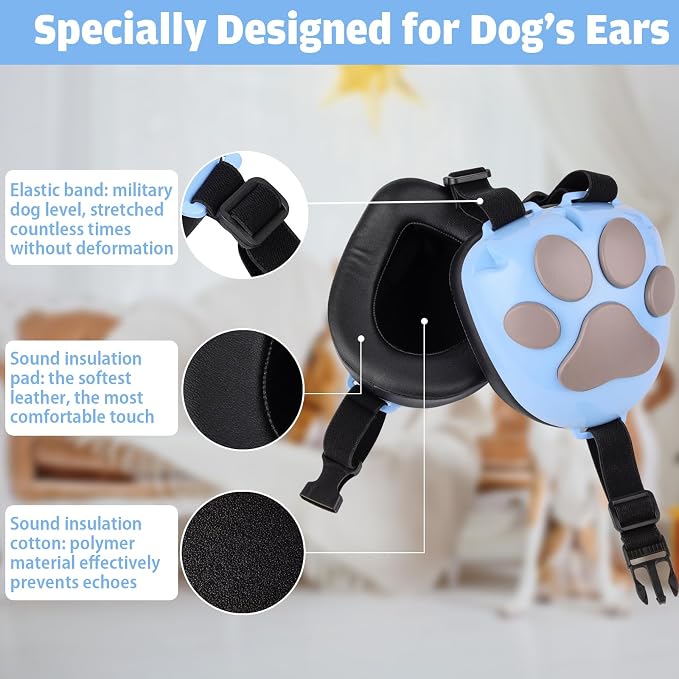 Dog Ear Muffs Noise Protection - 32dB NRR Noise Cancelling Headphones | Upgraded Calming Earmuffs for Hearing Protection, Thunder, Fireworks & Hunting with Dog Paw Design (M, Light Blue-Gray) - Image 3