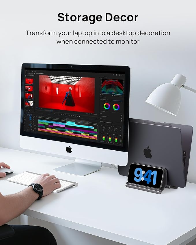 Vertical Laptop Stand for Desk, Aluminum Laptop Holder Compatible with MacBook Pro, MacBook Air Stand Up to 17 inch, Gravity Auto-Lock Cooling, 3in1 Space Saving Desk Organizer Accessories, Gray - Image 6