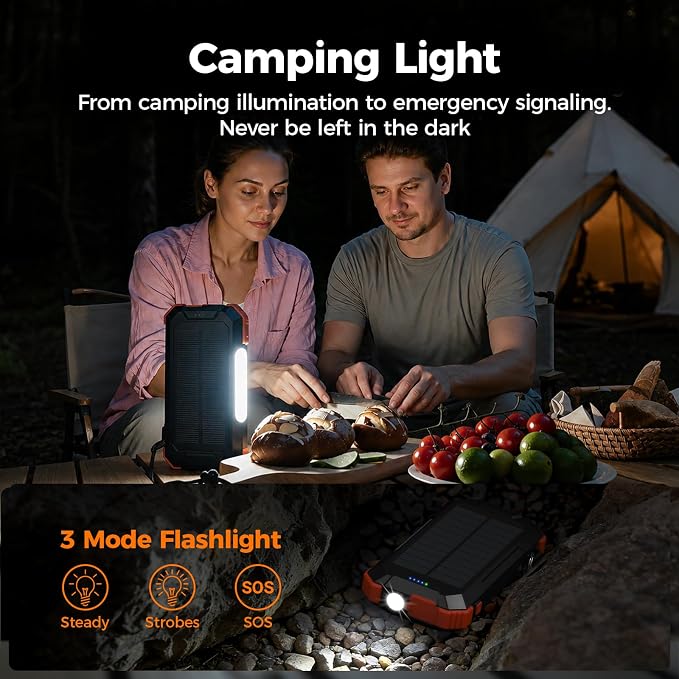 BLAVOR Solar Charger Power Bank Built-in Retractable USB-C Cable, 20000mAh Wireless Magnetic Portable Charger with Camping Light, Flashlight, 20W Fast Charging Battery Pack for Outdoor Camping Hiking - Image 5