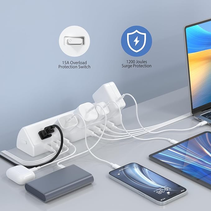 Jgstkcity Desk Clamp Power Strip USB C 45W,1200J Surge Protector | 4 USB-C,Edge Mount,1875W Extension Cord,15A Switch,ETL Listed,Office,Gaming,Dorm - Image 4