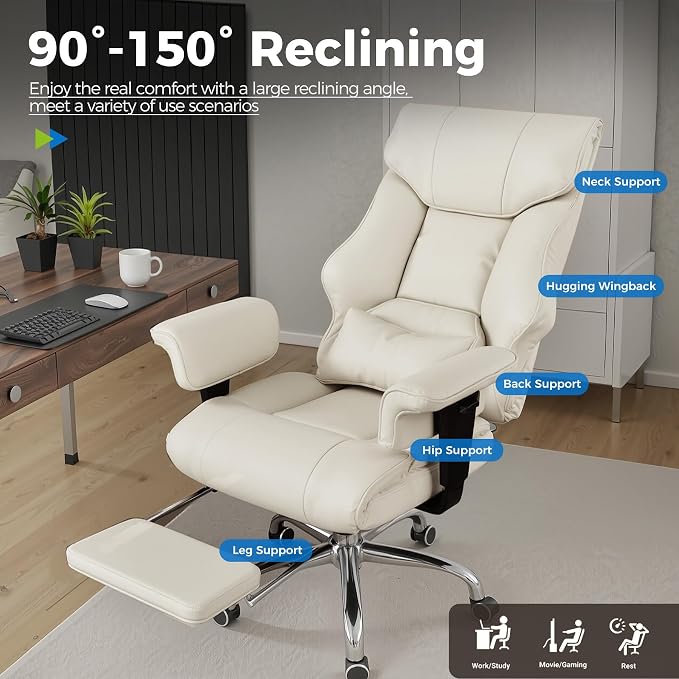 GTPLAYER Big and Tall Gaming Chair 400lbs Heavy Duty Office Chair with Foot Rest & Ergonomic Pocket Spring Cushion, High Back Lumbar Support for Lower Back Pain Relief, Beige - Image 6