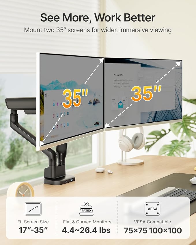 monTEK Mechanical Spring Dual Monitor Arm with USB for 27 32 34inch Screens | Black, Built-in One-Way Bearing, Holds 26.4 lbs, VESA 75/100mm, C-Clamp/Grommet Base & Cable Management, Office, Home, Game - Image 2