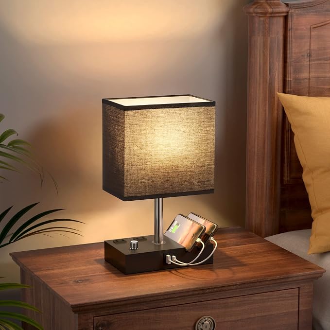 Black Table Lamp for Bedroom - Stepless Dimmable, USB C+A, 2 AC Outlets | Dimming By Rotary Knob, USB C+A Ports, 2 Phone Stands, LED Bulbs Included, Rectangle Black Lampshade, for Living Room, Desk - Image 5