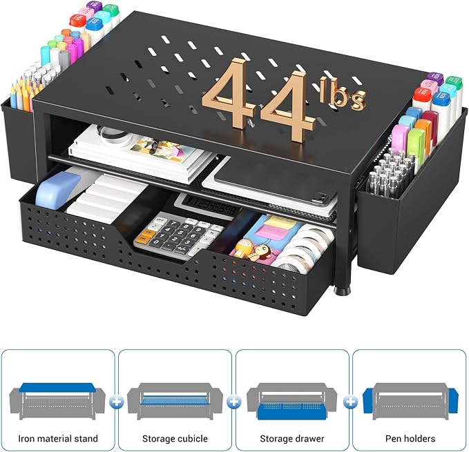 Desk Organizer and Accessories, 2-Tier Computer Monitor Stand Riser with Drawer and 2 Pen Holders, Laptop Stand, Office Desk Accessories for Office Supplies, 1 Pack, Black-Ventilated - Image 5