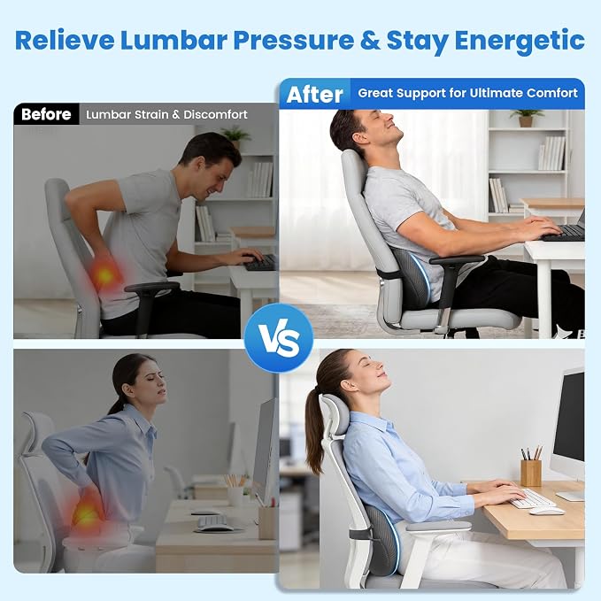 Lumbar Support Pillow, Memory Foam Back Cushion for Office Chair Car, Grey | Ergonomic Lower Back Support with Adjustable Strap, Breathable Removable Cover for Couch, Wheelchair and Daily Comfort - Image 6