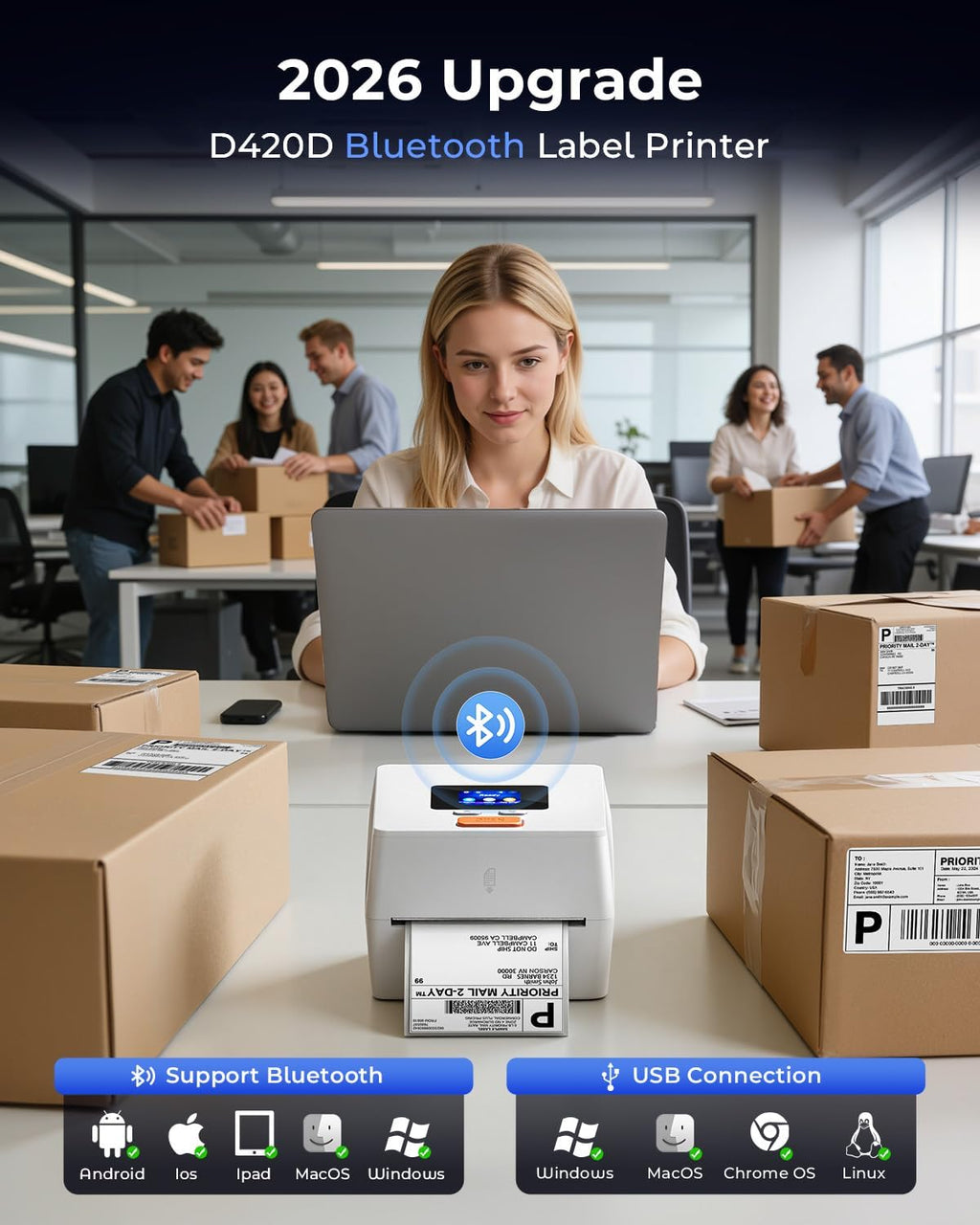 Phomemo Thermal Label Printer with Touchable Screen, 4x6 Bluetooth Shipping Label Printer with Built-in Label Holder, D420D White Thermal Printers for Small Business, Compatible with USPS, Tiktok - Image 4