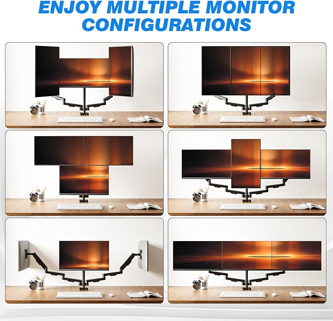 Rfiver Triple Monitor Arm Desk Mount for 17-32" Screens, VESA 75/100mm | Holds up to 19.8lbs per Arm, Full Motion Tilt, Swivel, 360 Rotation, Extra Tall Pole, C-clamp/Grommet Base - Image 5