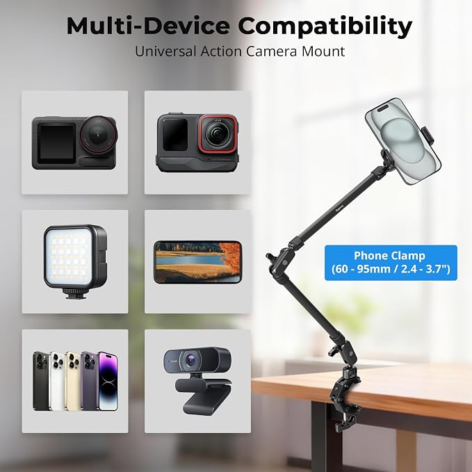 SmallRig 26" Magic Arm with Super Clamp, Overhead Phone Mount, Flexible Desk Camera Mount with 1/4" Screw and Cable Clip, Max Load 2.2lb, for iPhone, Action Camera, Video Light, Webcam, Mic - 5625 - Image 6
