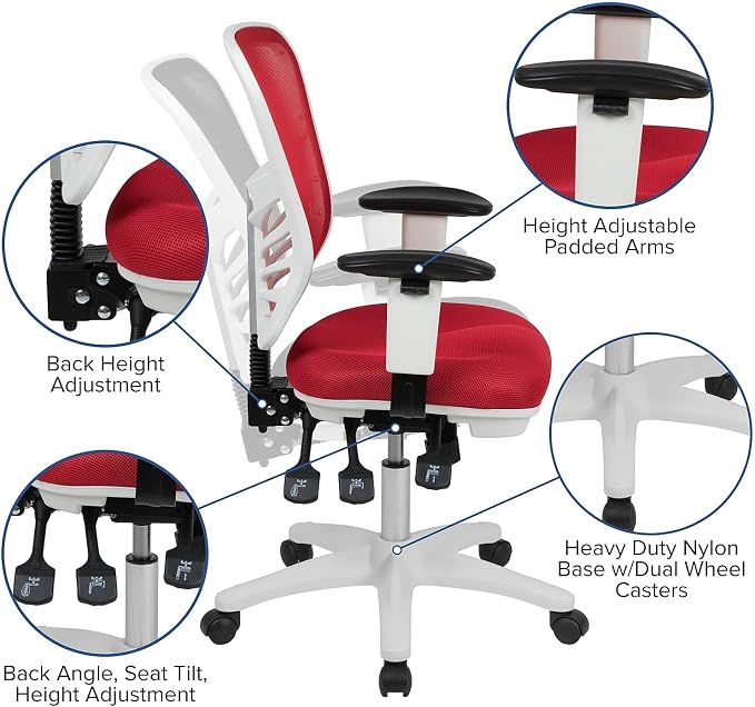 Flash Furniture Mid-Back Mesh Executive Office Chair, White/Red | Adjustable Armrests, 360° Swivel, Height Adjustable, Commercial Grade - Image 6