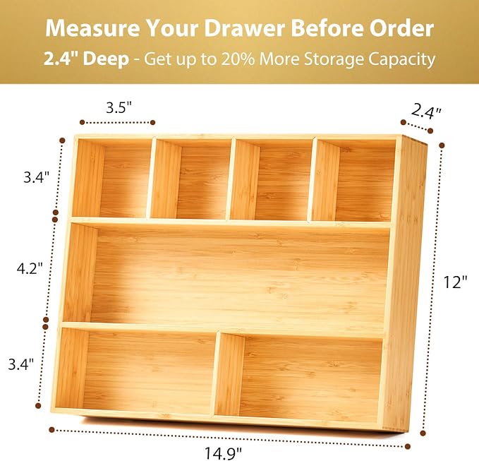 Large Bamboo Desk Drawer Organizer, Wood Office Junk Tray, 15"x12" | 2.4" Tall for Deep Drawer - Adjustable slots - Anti Slip Silicone Pads - Versatile Storage Box in Kitchen, Pantry - Image 4