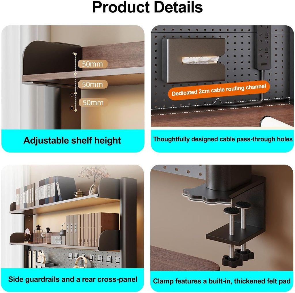 Clamp-On Desk Bookshelf with Large Pegboard, Adjustable Metal Desk Hutch - Image 7