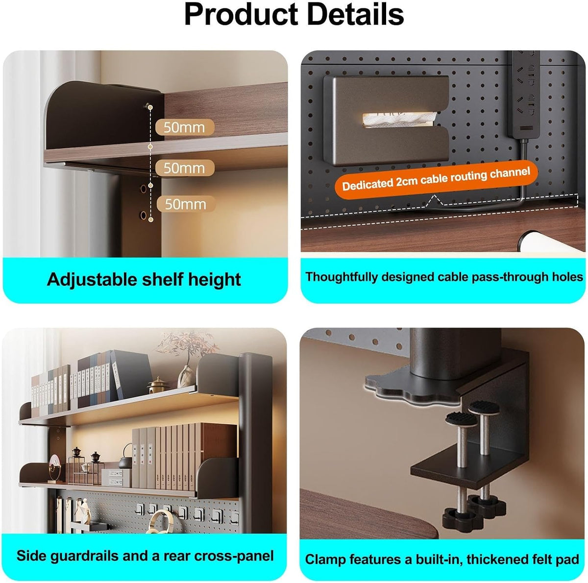 Clamp-On Desk Bookshelf with Large Pegboard, Adjustable Metal Desk Hutch - Image 7