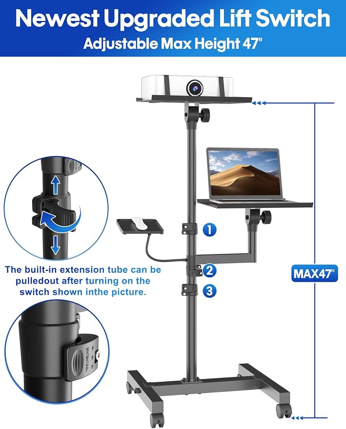 Projector Stand, 2-Shelf Laptop Tripod Stand with Adjustable Height | Max 47" Height Adjustable Laptop Cart on Wheels, Projector Floor Stand with Ventilated Tray for Podium, Meeting - Image 3