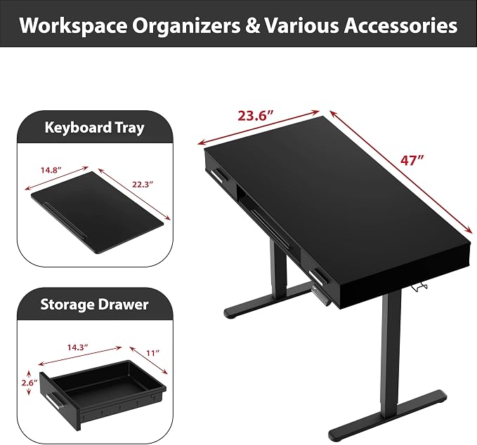 SHW 48-Inch Electric Height Adjustable Desk w/Keyboard Tray, Black | w/ 2 Drawers | Memory Presets and Cable Management | Hanging Hooks - Image 3