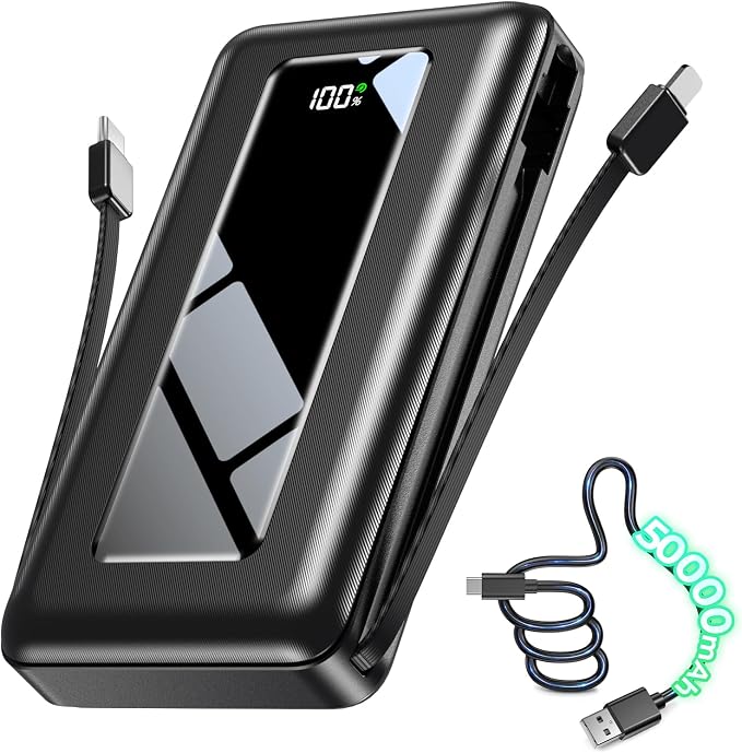 50000mAh Portable Charger Power Bank, Fast Charging with Built in Cables | Ultra-High Capacity, Travel Essential, Charge 4 Devices, Flashlight, for iPhone 17/16/15 Series, Samsung, iPad & Laptops Onyx by JKELAR