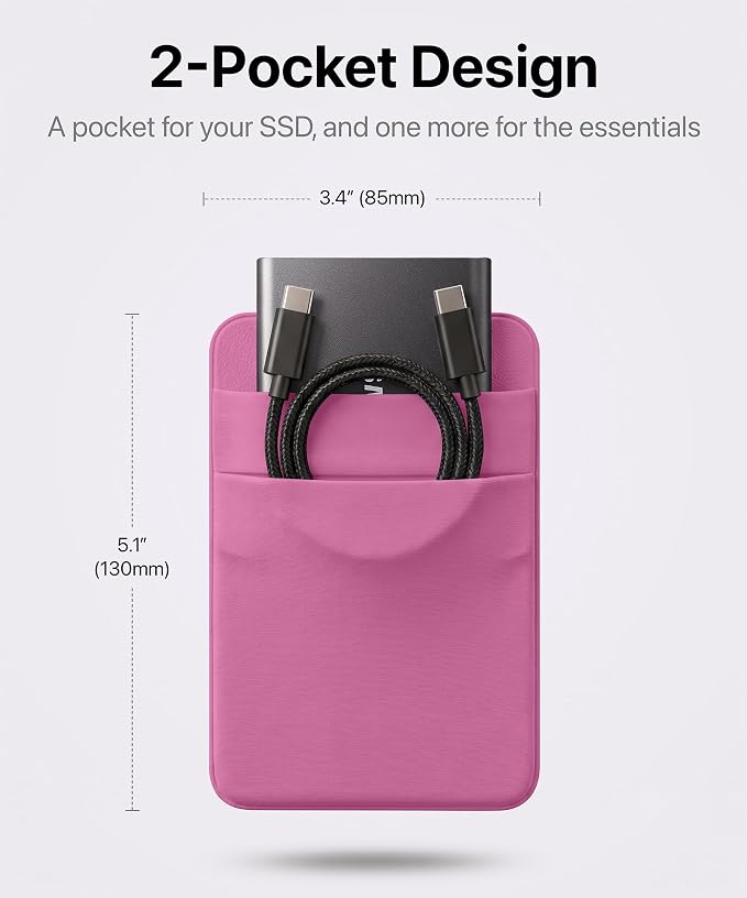 2-Pocket SSD & Hard Drive Holder for Laptop, Reusable 3M Adhesive | Stick-On Sleeve for Portable SSDs | 5.1 x 3.4-Inch Pouch | Separate Pocket for Cables | Built-In Safety Strap - Image 2