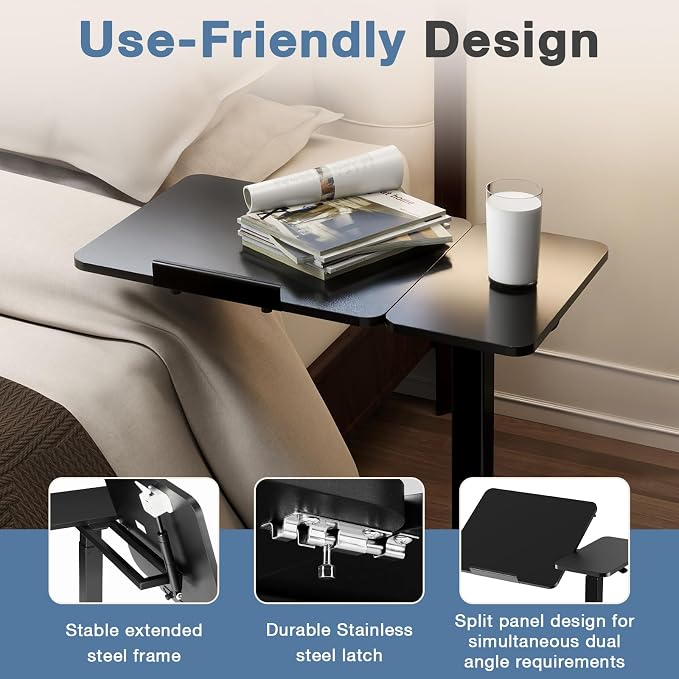 DUMOS Adjustable Bedside Overbed Table with Wheels, Black | Laptop Standing Desk with Tilting Top Height, Mobile Rolling Computer Cart for Hospital Home Bedroom Use - Image 7