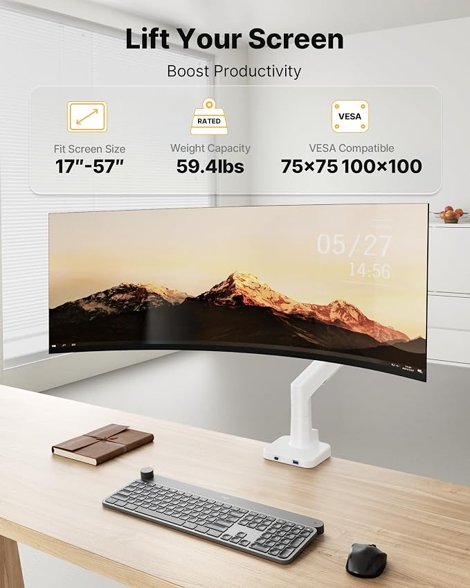 monTEK USB Monitor Arm for 17-57" Ultrawide, 59.4 lbs, White | USB-A/C ports, pneumatic lift, quick-release VESA 75/100 plate, clamp/grommet bases and cable management - Image 3
