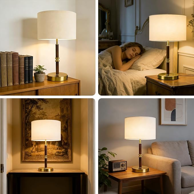 Table Lamp for Bedroom with USB & AC Outlet, Bulb Not Included | 19.3" Wood & Metal Mid Century Lamps Table Lamp for Living Room,Bedside Table Lamp with Linen Shade, Weighted Base,Home Decor - Image 6