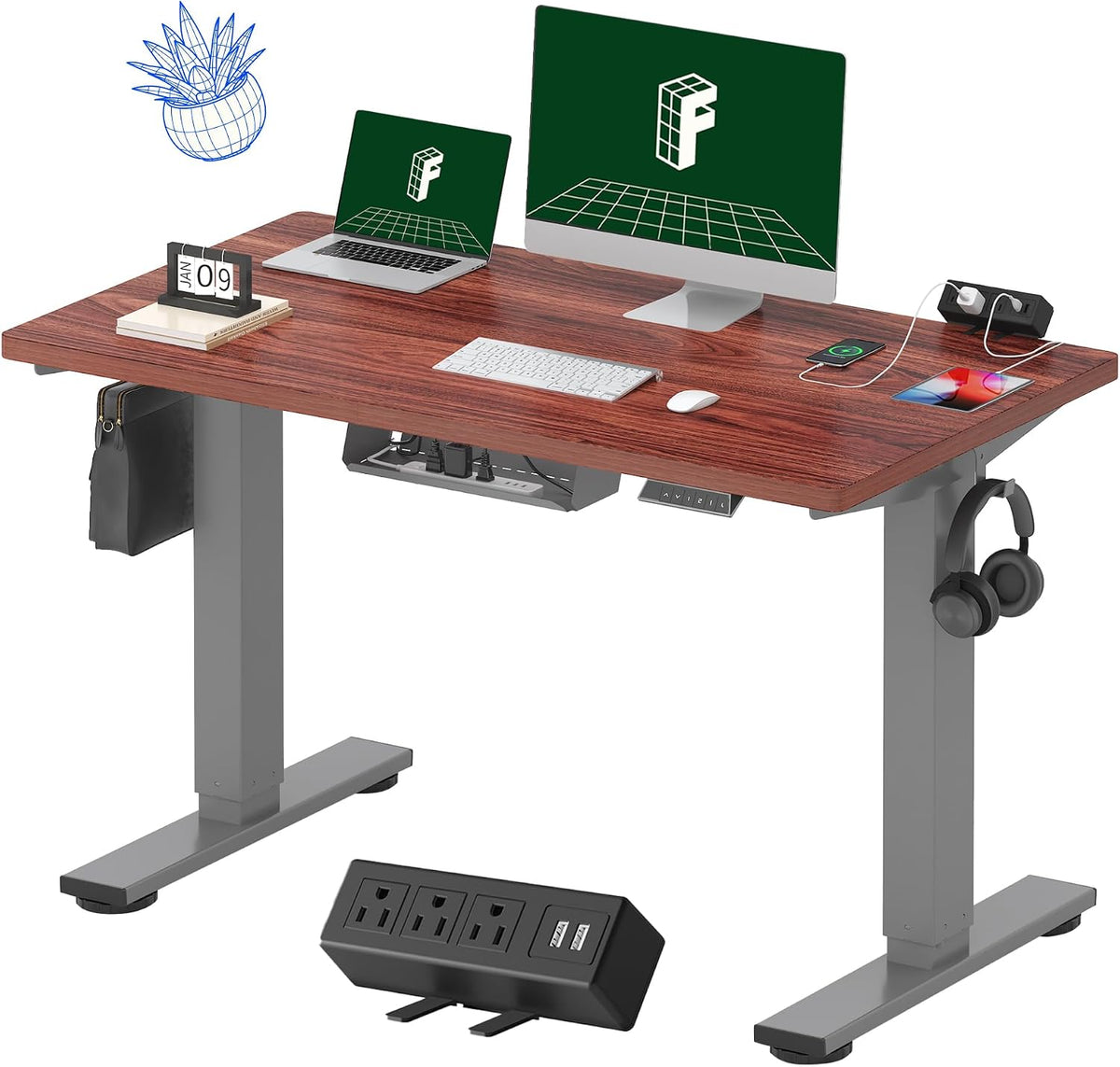 FLEXISPOT EN2 48"x24" Standing Desk with Power Strip Bundle, Mahogany by FLEXISPOT
