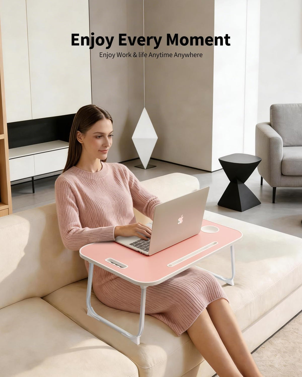 Folding Lap Desk Bed Desk Laptop Table Tray, Breakfast Serving Tray, Portable & Lightweight Mini Table for Sofa Couch Floor - Pale Pink - Image 2