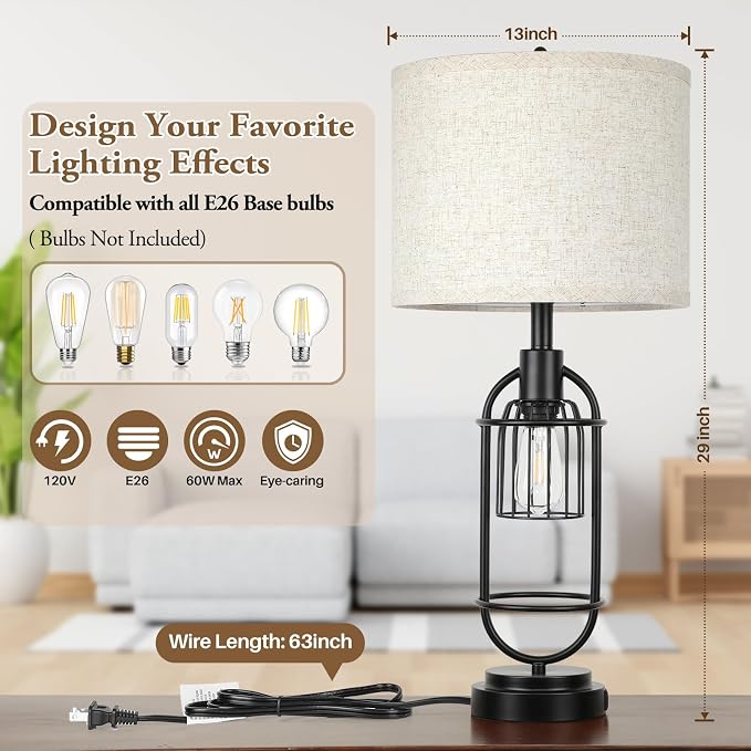 29'' Tall Table Lamps for Living Room Set of 2, 2-Light Farmhouse Bedside Lamps with USB Ports, Rustic Nightstand Lamps with Beige Lampshade, Black Industrial Desk Lamps for Bedroom End Table Reading - Image 3