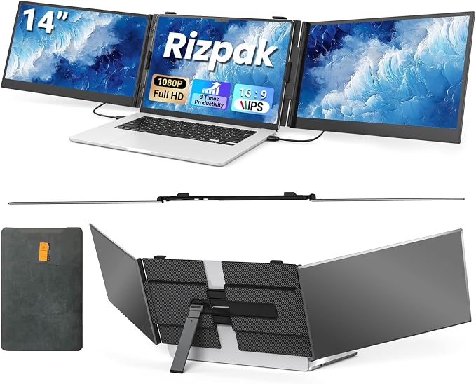 14" Triple Laptop Screen Extender, 2.2lb Ultra-Thin Portable Monitor | FHD 1080P IPS, Plug & Play USB-C/HDMI, Travel Monitor for 13”-17” Laptops, Compatible with Windows, Mac, Android, Chrome by Unknown