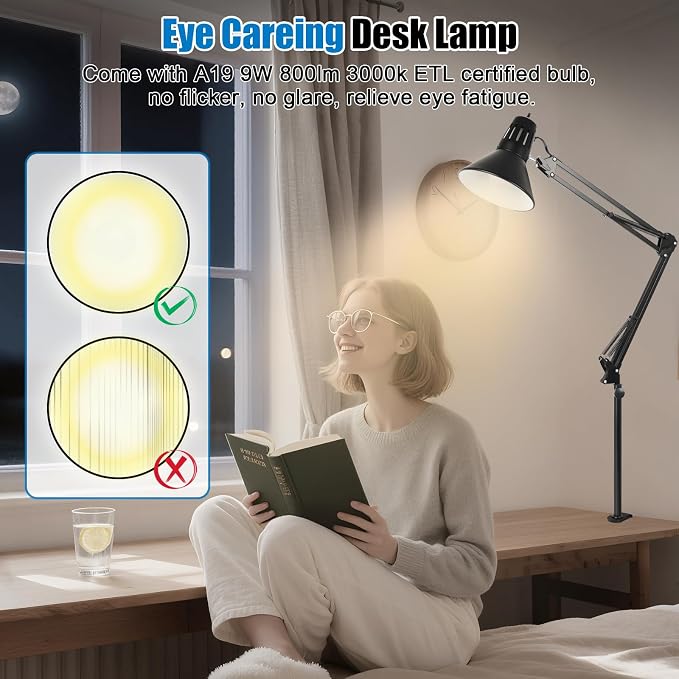 LED Clamp on Desk Lamp, 360°Adjustable Swing Arm Desk Lamp | Clamp Light with Eye-Caring LED Bulb for Home Office Reading Drafting - Image 6