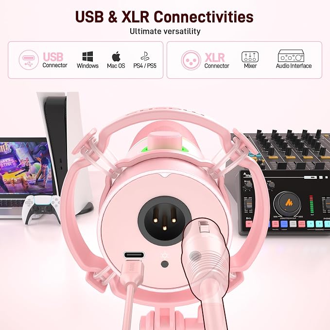 MAONO PD200XS XLR/USB Dynamic Microphone Kit, RGB Gaming Mic with Software | PC Mic with Mute, Gain Knob, Volume Control, Boom Arm for Streaming, Gaming, Podcasting, Voice-Over, Recording, Pink - Image 2