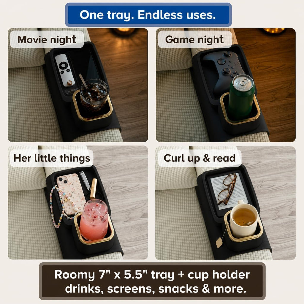Couch Cup Holder Tray, Elimiko Silicone Anti-Spill and Anti-Slip Couch Drink Holder, Strong and Weighted Phone/Remote/Snacks Sofa Cup Holder (Black) - Image 7