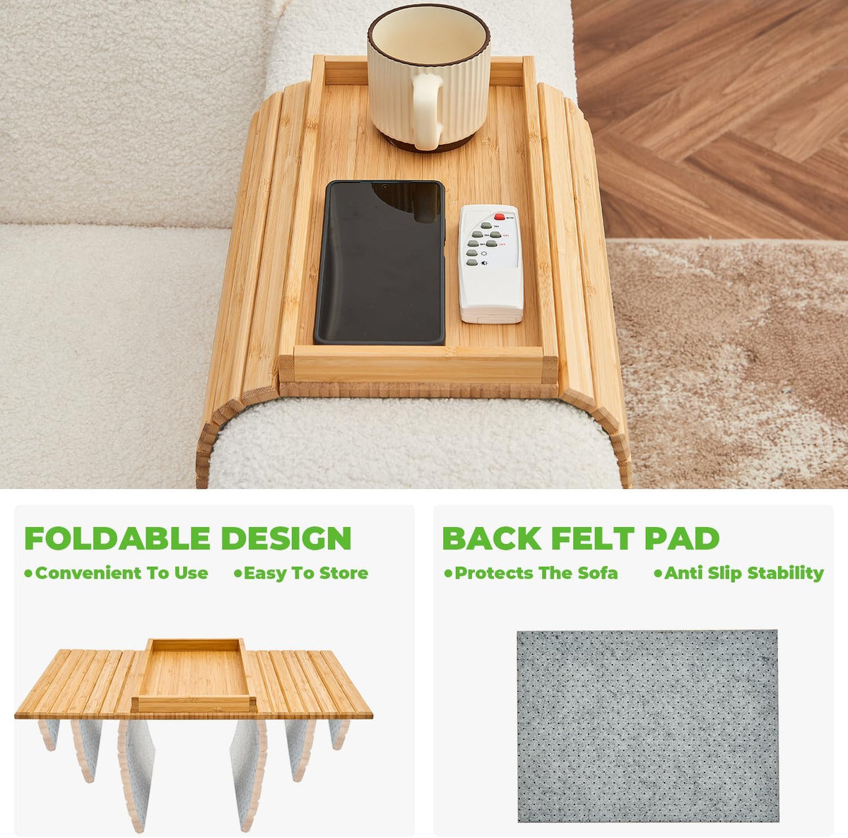 Bamboo Sofa Arm Tray, Anti Falling Couch Arm Tray Table, Foldable Couch Armrest Table, Portable Sofa Armrest Trays Cup Holder for Drink, Cups, Phone, Snacks, Remote - Image 6