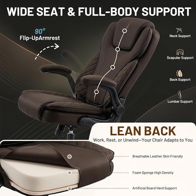 Ergonomic Office Chair, PU Leather High Back Executive Chair with Adjustable Inflatable Lumbar Support and Padded Flip-Up Arms, Recline Swivel Task Computer Chair for Home Office, Dark Brown - Image 8