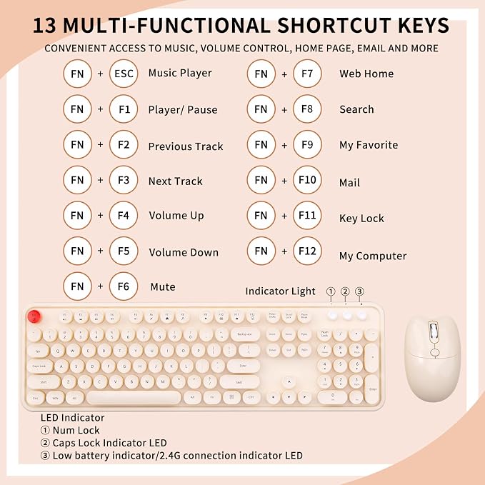 Wireless Keyboard Mouse, MOFII 104 Keys Cute Retro Typewriter Coffee | With OTG & Long Clean Bruch,Compatible With All windows and Type C Computer,1600DPI,Ideal For PC, Home, Office and College - Image 8