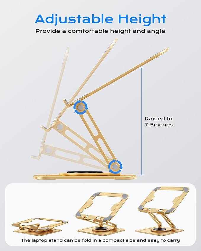 LOXP Adjustable Laptop Stand, Computer Stand with 360 Rotating Base, Ergonomic Laptop Riser Mount for Desk Foldable Protable Computer Desk Fits with MacBook Pro Air (10-16") - Gold | Ergonomic Laptop Riser Mount for Desk Foldable Protable Computer Desk... - Image 3