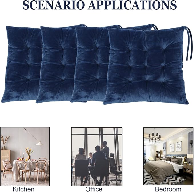Set of 4 Square Chair Pads Indoor Seat Cushions Pillows with Ties Soft Comfortable Non Slip Chair Mat for Kitchen Dining Office Desk Living Room Outdoor Tatami 15.5" - Blue - Image 5